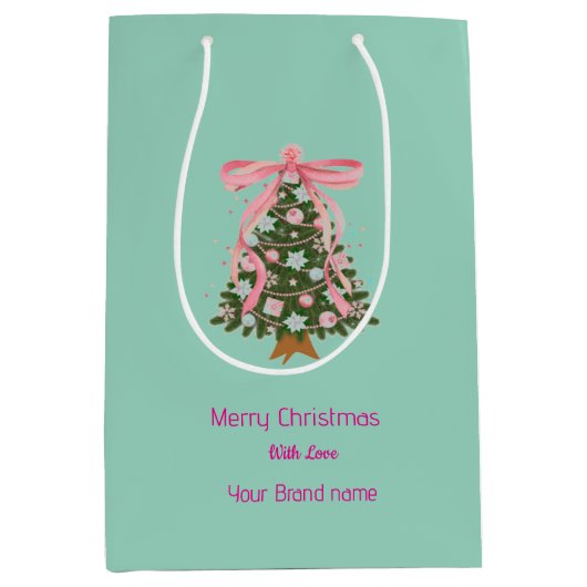 Roze strik kerstboom Bedrijfsnaam Medium Cadeauzakje (Voorkant)