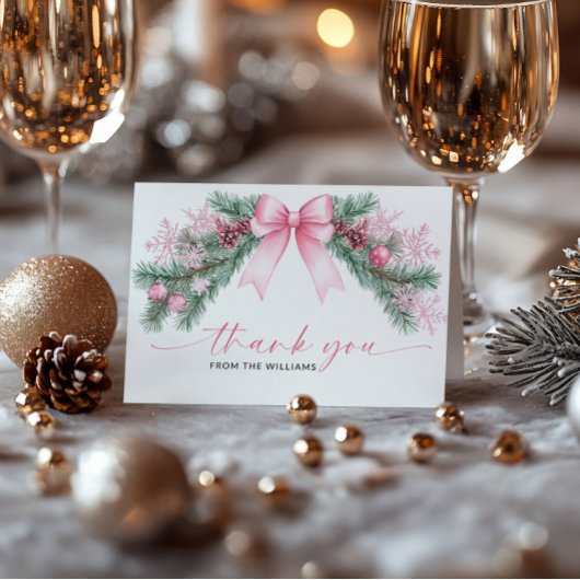 Roze Strik Kerstmis Vouwde Bedankkaart