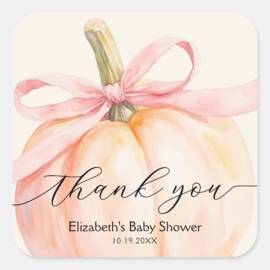 Roze Strik Kleine Pompoen Baby Shower Vierkante Sticker (Voorkant)