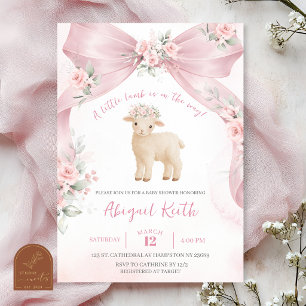 Roze Strik Kokette Lammetje Baby Shower Uitnodigin Kaart