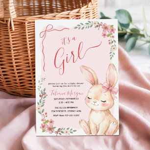 Roze strik konijn geruit bloemenmeisje baby shower kaart