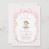 Roze strik konijn geruite babyshower kaart (Voorkant)