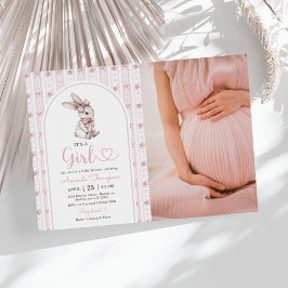 Roze Strik Konijn Vintage Konijn Baby Shower Foto Kaart