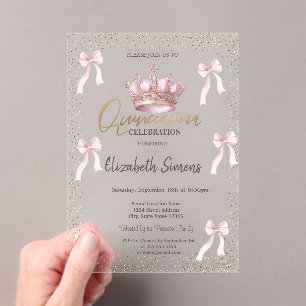 Roze Strik Koninklijke Kroon Confetti Quinceañera Acryl Uitnodigingen