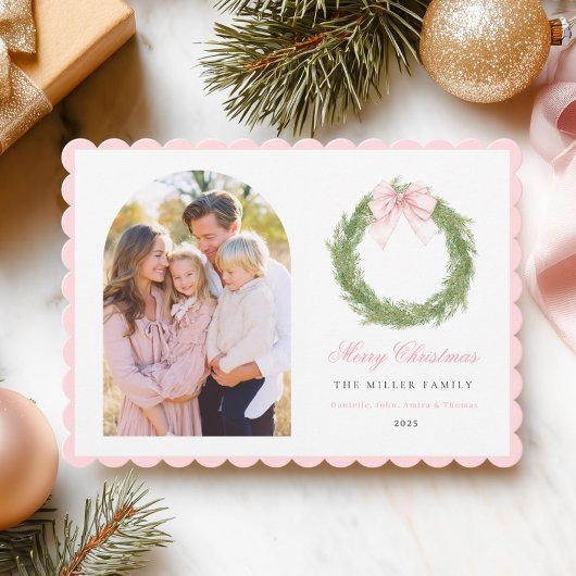Roze Strik Krans Kerstmis Feestdagenkaart