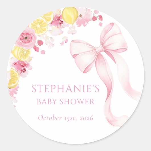 Roze Strik Lemon Baby Shower Sticker (Voorkant)