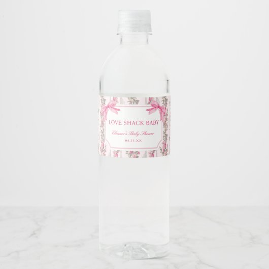 Roze Strik Liefdeshut Baby Shower Favorieten Waterfles Etiket (Voorkant)