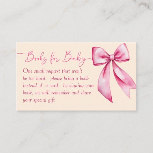 Roze strik lint baby shower schattige boeken aanvr informatiekaartje (Voorkant)