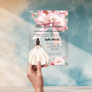 Roze strik lint bloemen jurk Quinceanera helder Acryl Uitnodigingen