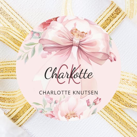 Roze strik lint bloemen monogram ronde sticker