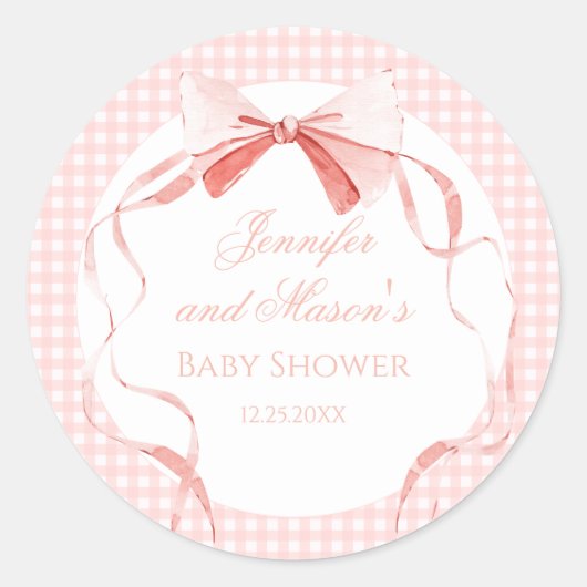 Roze strik lint gingham preppy baby meisje douche ronde sticker (Voorkant)