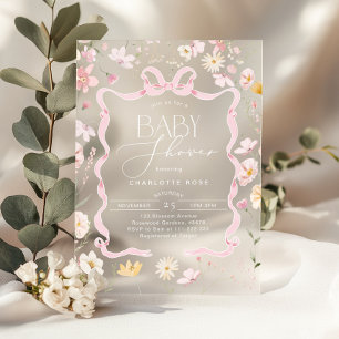 Roze strik lint kader Wilde bloem Meisje Baby Show Acryl Uitnodigingen