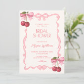 Roze strik lint kersen bruiloft kaart (Staand voorkant)