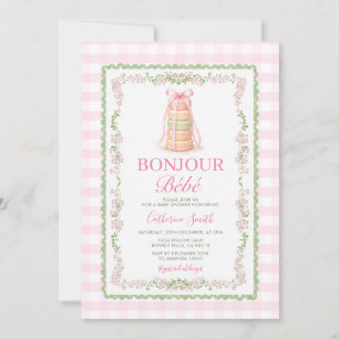 Roze Strik Macaron Bonjour Bébé Franse Baby Shower Kaart