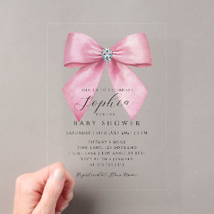 Roze Strik Meisje Baby Shower Acryl Uitnodigingen