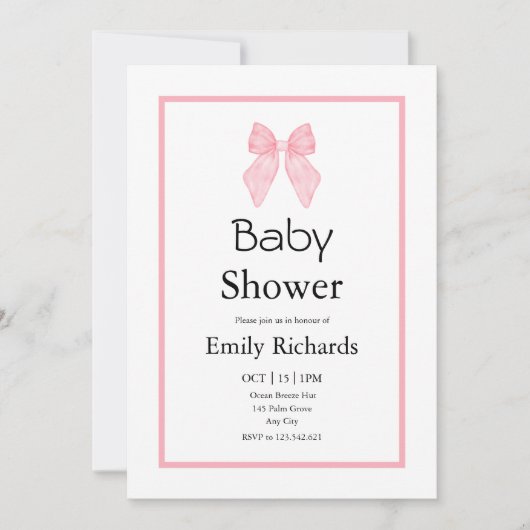 Roze Strik Meisje Baby Shower Kaart (Voorkant)