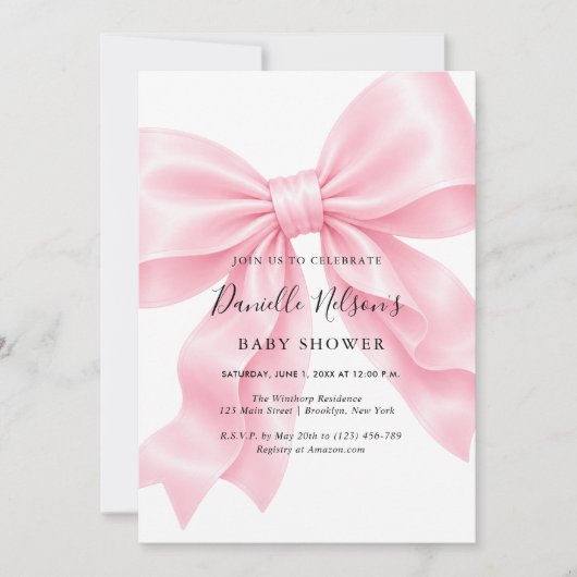 Roze Strik Meisje Baby Shower Kaart (Voorkant)