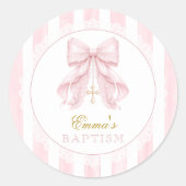 Roze Strik Meisje Doop Ronde Sticker (Voorkant)