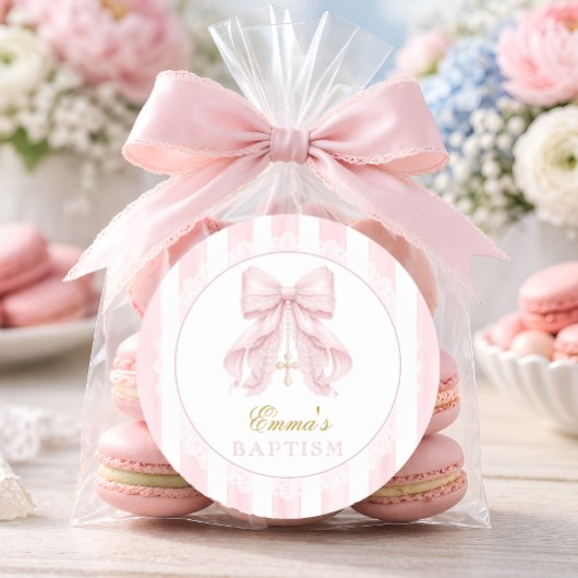 Roze Strik Meisje Doop Ronde Sticker