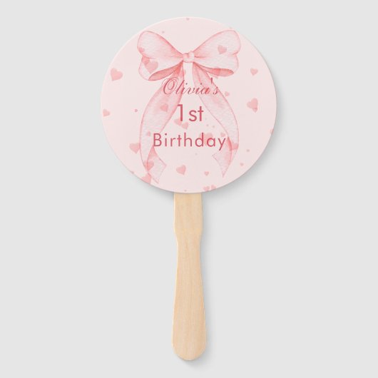 Roze Strik Meisje Eerste Verjaardag Handwaaier (Voorkant)