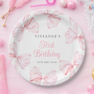 Roze Strik Meisje Eerste Verjaardag Papieren Bordje