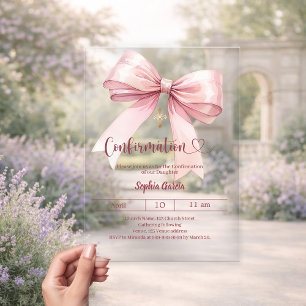 Roze strik meisje elegant helder luxe bevestiging acryl uitnodigingen