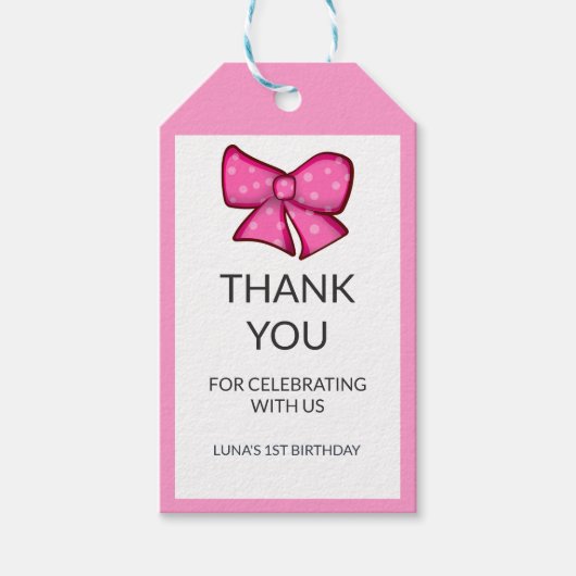 Roze Strik Meisje Kinderen 1e Verjaardag Cadeaulabel (Voorkant)