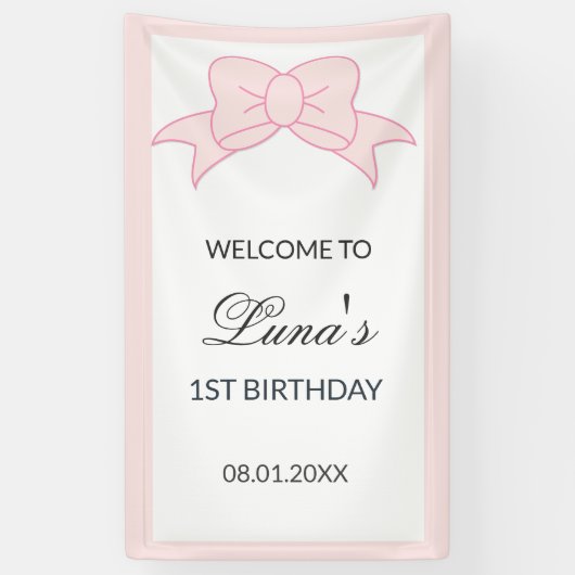 Roze Strik Meisje Kinderen 1e Verjaardag Spandoek (Verticaal)