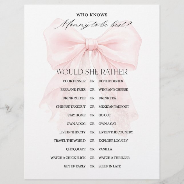 Roze Strik Meisje Moderne Baby Shower Spellen (Voorkant)