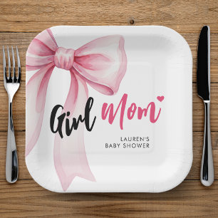 Roze Strik Meisje Moeder Lint Cute Baby Shower Papieren Bordje