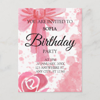 Roze Strik Meisje Verjaardagsuitnodiging Briefkaart