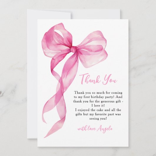 Roze strik meisjes 1e verjaardag bedankkaart (Voorkant)