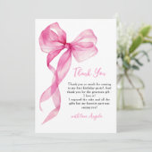 Roze strik meisjes 1e verjaardag bedankkaart (Staand voorkant)