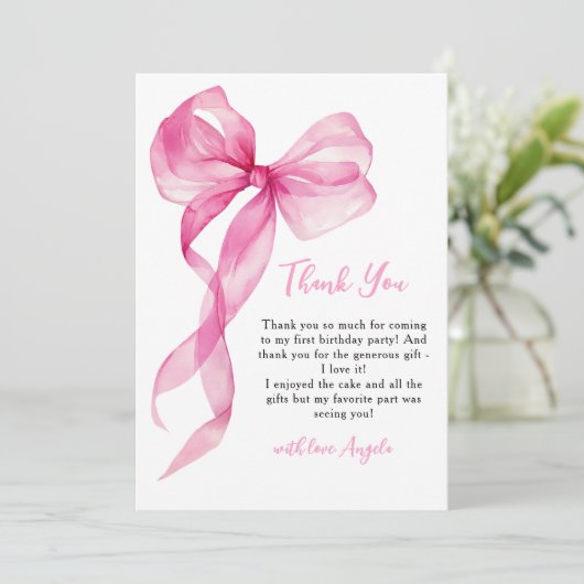 Roze strik meisjes 1e verjaardag bedankkaart (Staand voorkant)