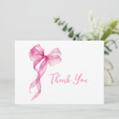 Roze strik meisjes 1e verjaardag bedankkaart (Staand voorkant)