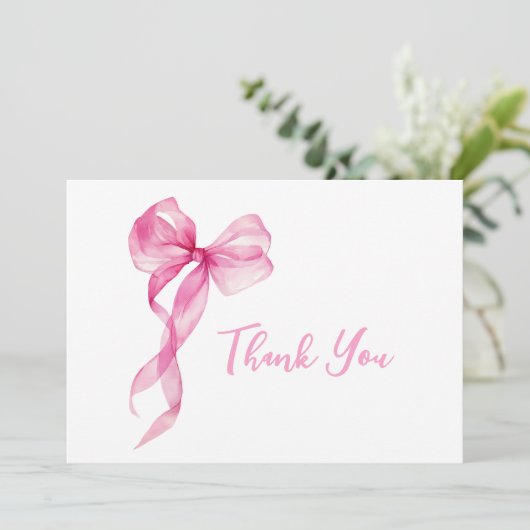 Roze strik meisjes 1e verjaardag bedankkaart (Staand voorkant)