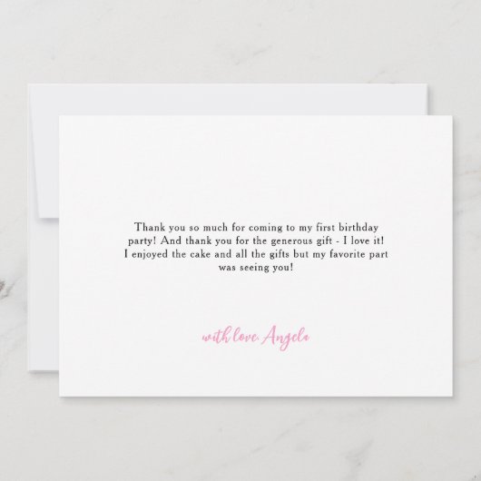 Roze strik meisjes 1e verjaardag bedankkaart (Achterkant)