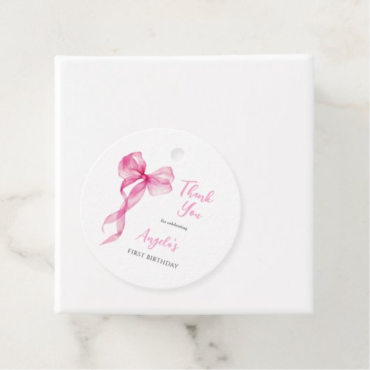 Roze strik meisjes 1e verjaardag dank je wel bedankjes labels (In situ)