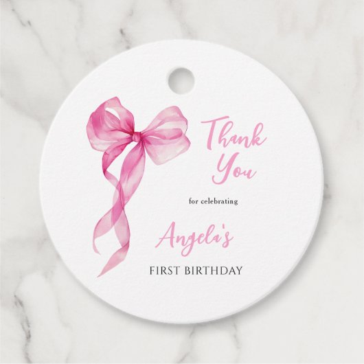 Roze strik meisjes 1e verjaardag dank je wel bedankjes labels (Voorkant)