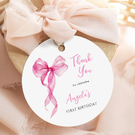 Roze strik meisjes 1e verjaardag dank je wel bedankjes labels