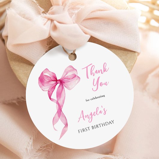 Roze strik meisjes 1e verjaardag dank je wel bedankjes labels