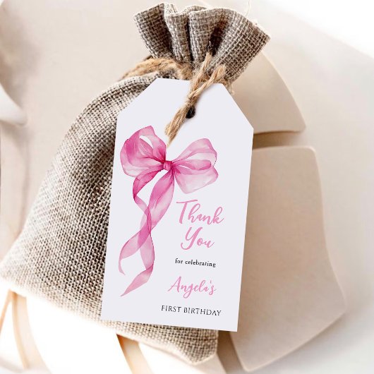 Roze strik meisjes 1e verjaardag dank je wel cadeaulabel