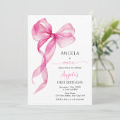 Roze strik meisjes 1e verjaardag kaart (Staand voorkant)