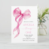 Roze strik meisjes 1e verjaardag kaart (Staand voorkant)