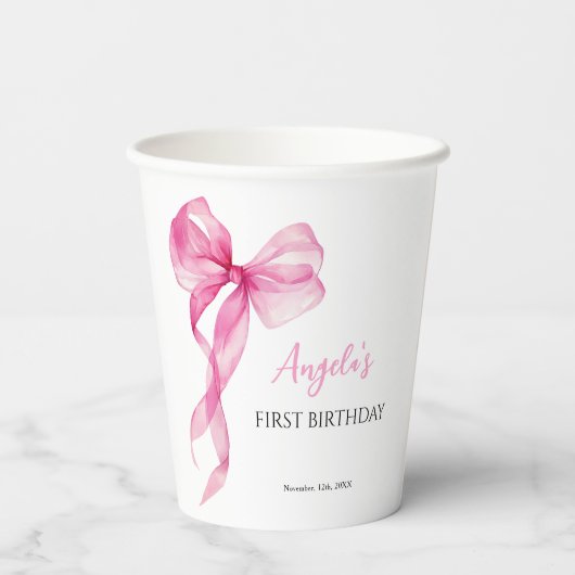 Roze strik meisjes 1e verjaardag papieren bekers (Achterkant)