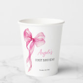 Roze strik meisjes 1e verjaardag papieren bekers (Voorkant)