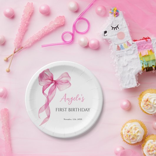 Roze strik meisjes 1e verjaardag papieren bordje (Feest)