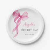 Roze strik meisjes 1e verjaardag papieren bordje (Voorkant)