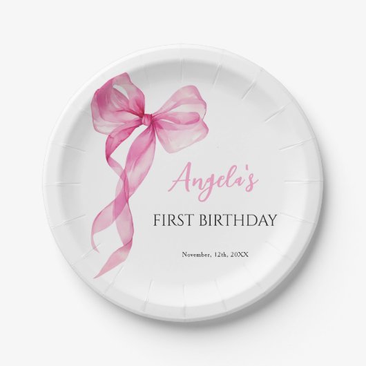 Roze strik meisjes 1e verjaardag papieren bordje (Voorkant)