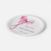 Roze strik meisjes 1e verjaardag papieren bordje (Gekanteld)